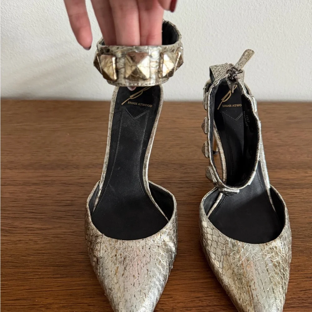 Brian Atwood Metallic Snakeskin Pumps – Embellished Ankle Strap